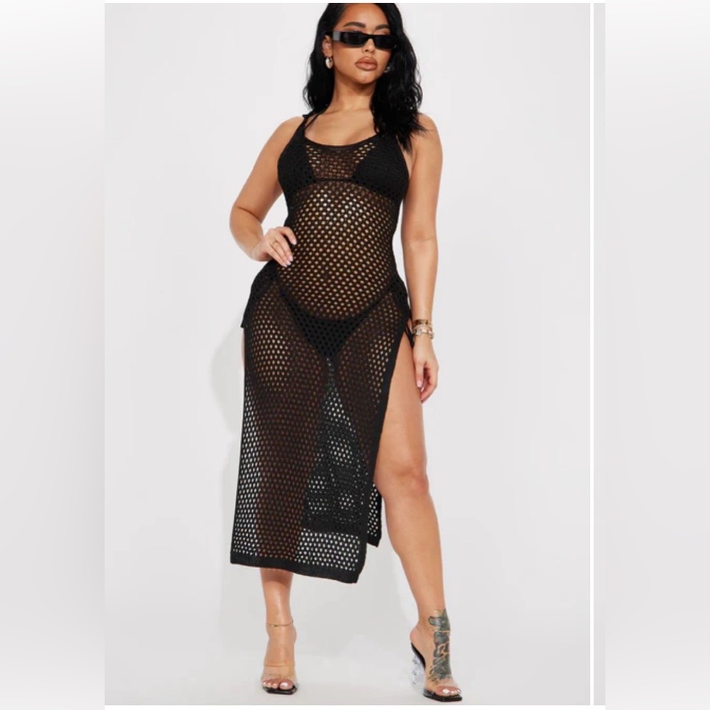 Fashion Nova Crochet Mesh Swim Cover-Up Dress - Black
